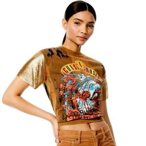 Alice & Olivia Tari chainmail guns and roses t shirt top XS S RARE